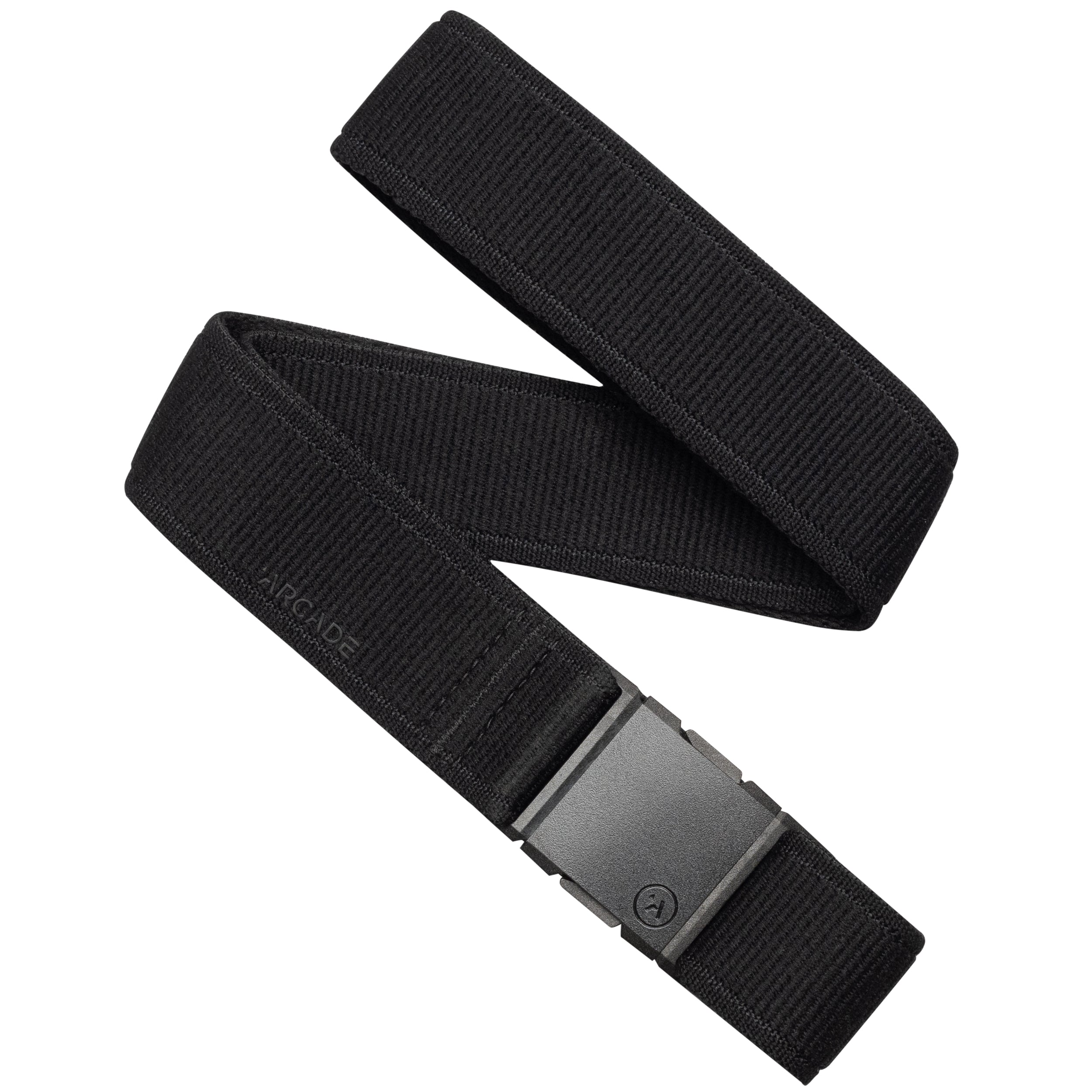 The black Atlas belt by Arcade Belts features a fabric strap, a rectangular black plastic buckle, and subtle ARCADE embossing near the buckle, making it a stylish and practical choice for travel.