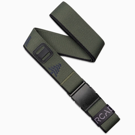 The Blackwood belt by Arcade Belts features a textured ivy green black design, a Blackwood A2 buckle, and a small RCAI tag in white—blending modern utility and style for adventure lovers.