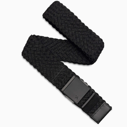 The Arcade Belts Futureweave is a black belt with a diamond-patterned woven webbing and a rectangular black buckle, shown on a white background—offering comfort and style for everyday wear.