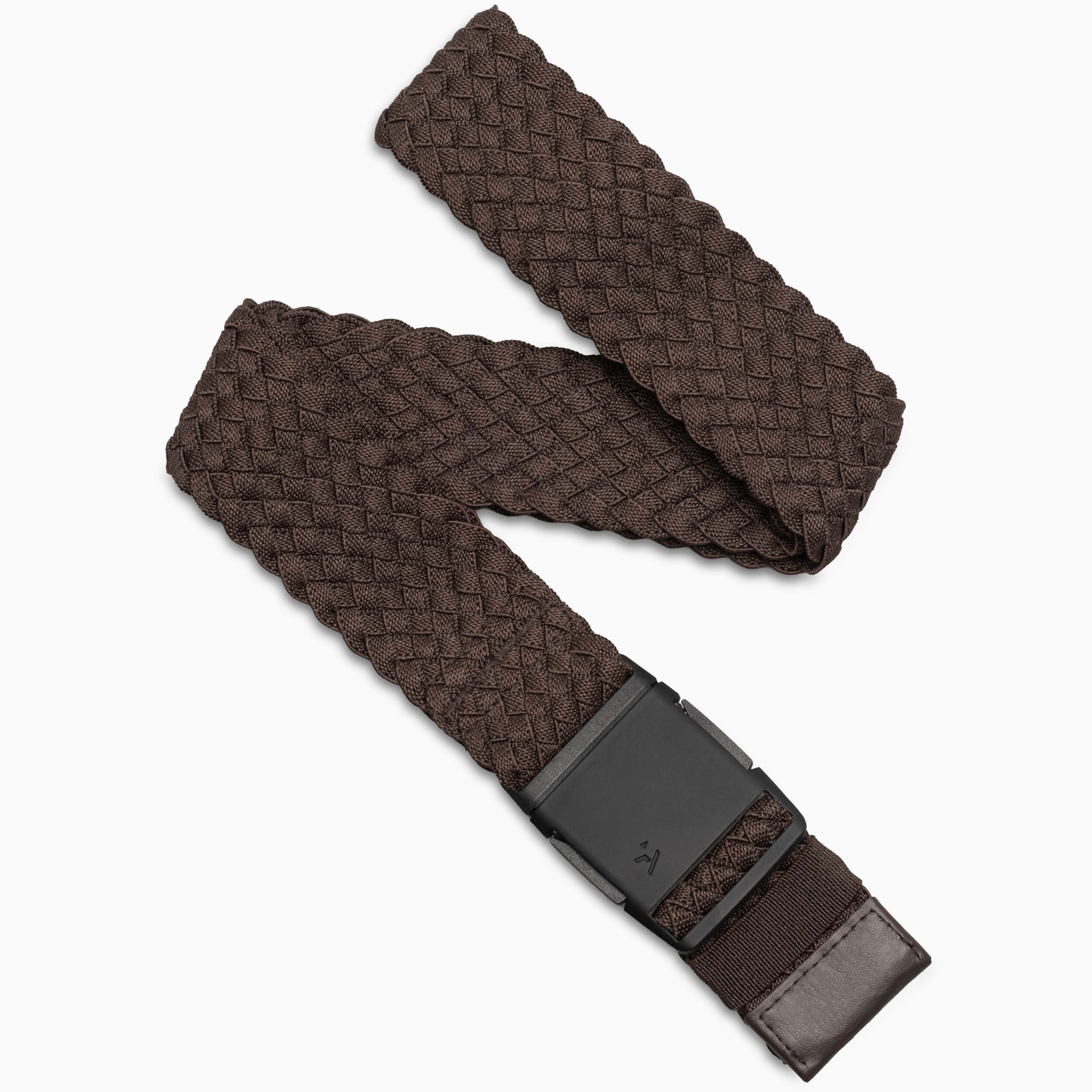 The Arcade Belts Futureweave is a brown stretch webbing belt featuring a black rectangular buckle and dark brown leather detail at the end, shown on a white background.