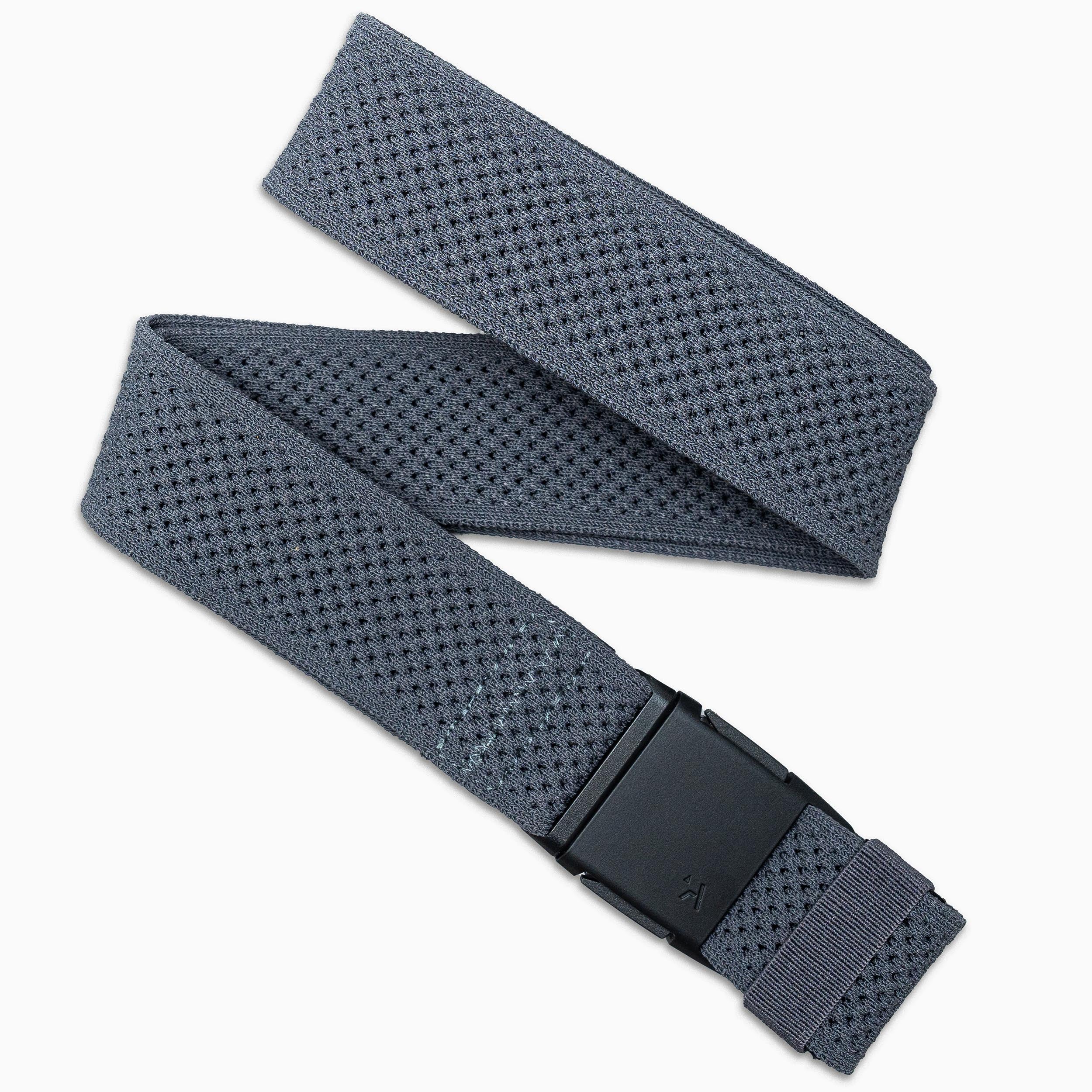 The Arcade Belts Momentum is a gray, textured elastic stretch belt with a black plastic buckle, displayed in a loose zigzag pattern on a white background.