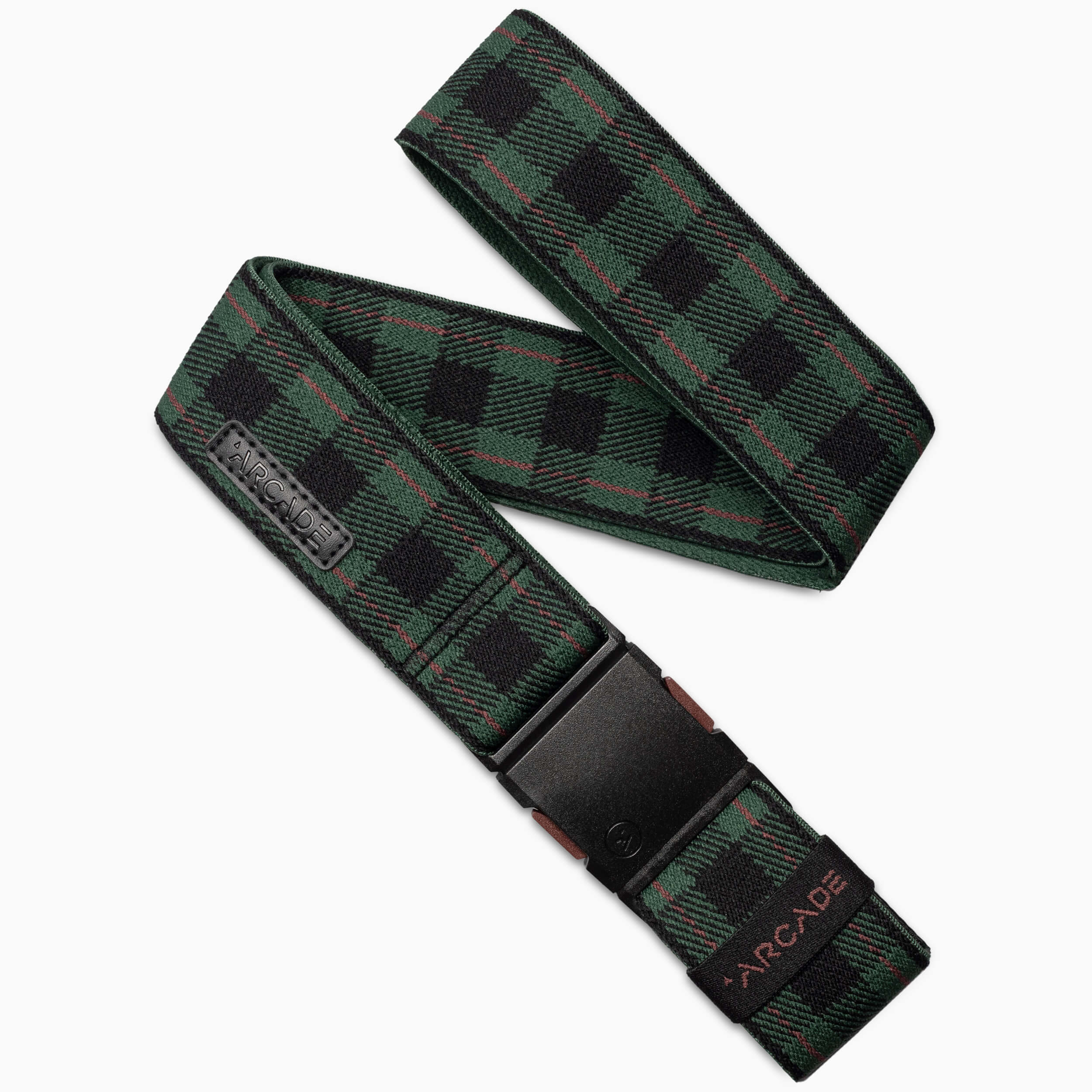 The Plaid by Arcade Belts is a green and black plaid elastic stretch belt with a low-profile plastic buckle and a woven Arcade label.