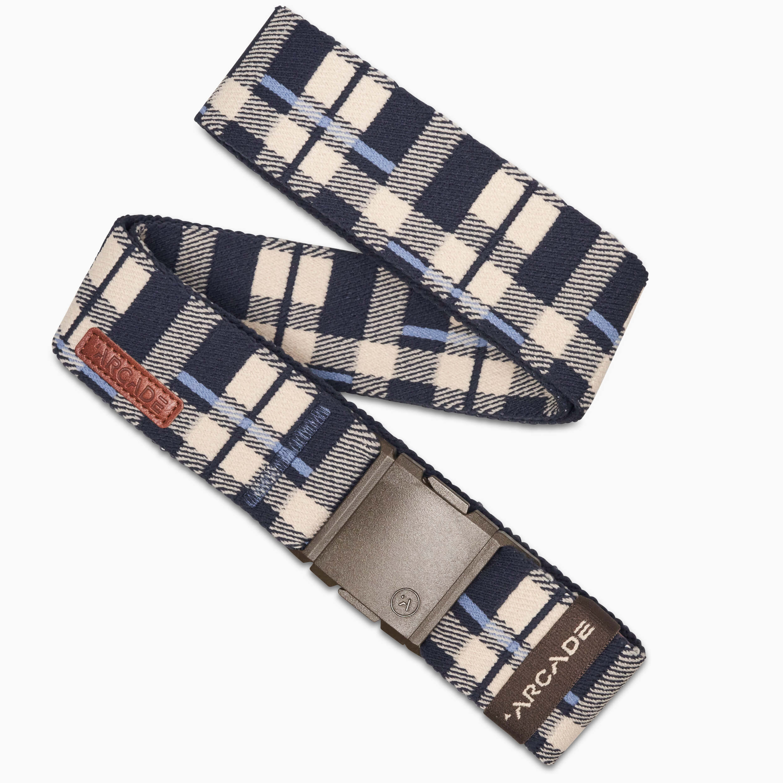 The Arcade Belts Plaid is a navy, cream, and light blue plaid-patterned Elastic Stretch Belt with a metal buckle, brand logo, and a brown leather patch on the strap.