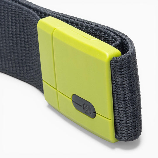 Open buckle on the Polar Mag stretch belt in Navy/Clover by Arcade Belts