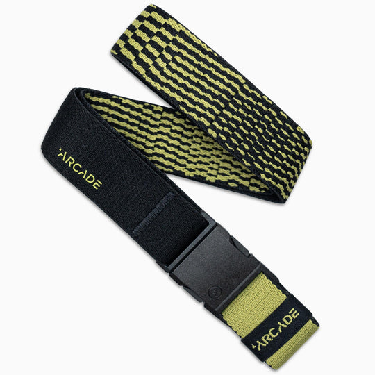The Arcade Belts Static Youth is a black and yellow checkered woven travel belt with Arcade printed in yellow on both ends, an adjustable elastic stretch design, and a black plastic buckle.